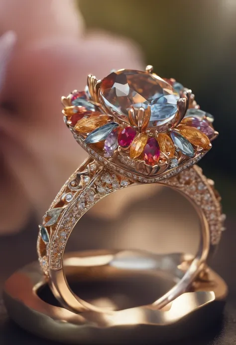 un design de bijoux, Flower Themed Ring, Gemstones & Diamonds, Luxe, Closeup, Vue du produit, Tendances sur ArtStation, CGsociety, ultra quality, digital art, Hyper exquisite details, 4K, softlighting, dream-like, mode, Rendu par Unreal Engine