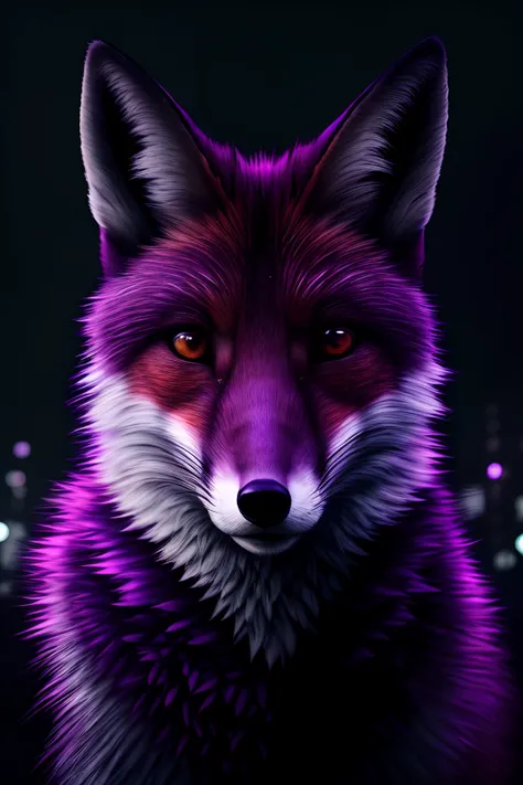 hyperrealistic, portrait of fox, animal, cyberpunk city, cold color, night, cinematic light, purple neon light, bokeh, rim light