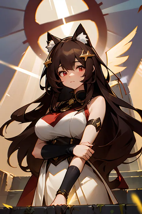 1 girl, brown hair, glowing red eyes, (goddess), large cat ears, divine intervention, sunlight, sunrays, offerings, stairs, hair...