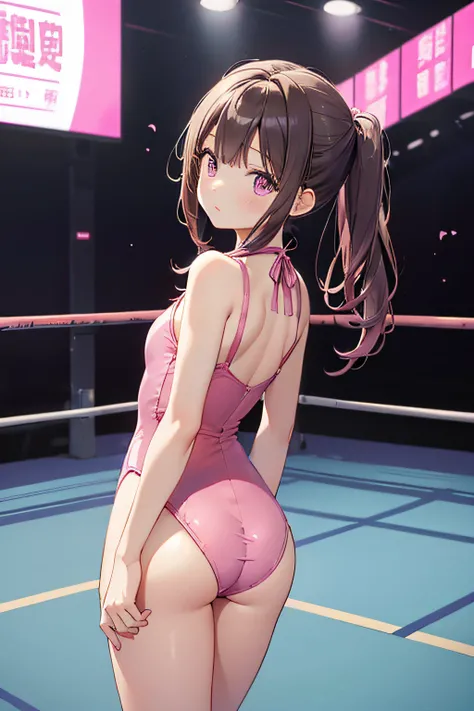 top-quality、extremely delicate and beautiful、Soio、Soio、Idol、8-year-old little girl、japanes、Lori、Chiquita、elementary student、A dark-haired、((Pink leotard))、（highleg）、Wrestling mat、is standing、Facing backwards、s ass、all-fours