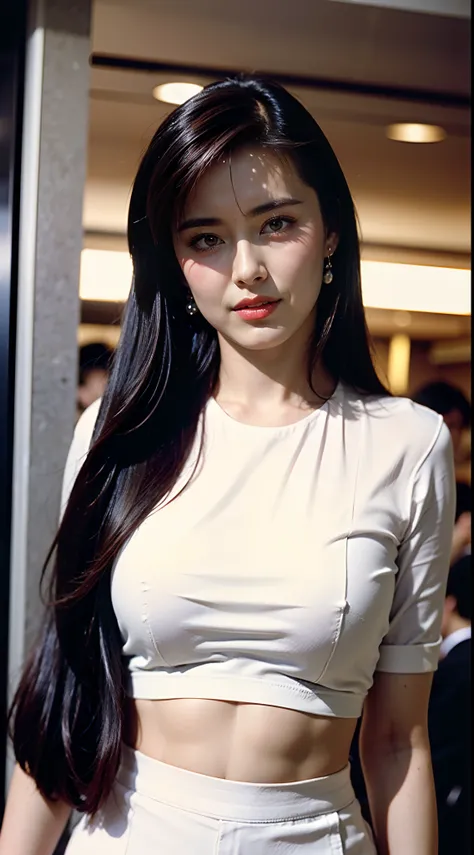 ((HDR,1080P,16K,High resolution,realistic skin texture,realistic,intricate detailed:1.5)),(((Wang Zuxian))),(((Joey Wong))),((white shirt and white pants:1.3)),(((happy:1.2))),ear pendants,blush,necklace,lipstick,((smile:1.3)),((parted lips:1.2)),elegant p...