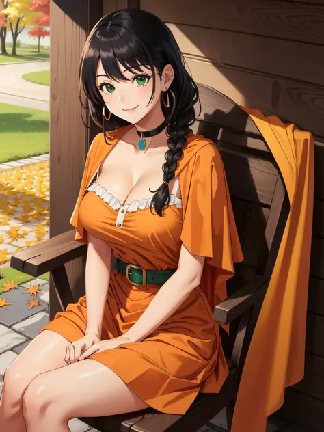 masutepiece, Best Quality, DQ Bianca, Single braid, earrings, Choker, Orange Cape, Green dress, Belt bag, Looking at Viewer, Large breasts, Sitting, Chair, veranda, Autumn, Smile