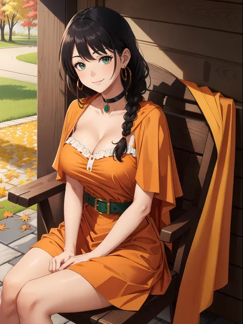 masutepiece, Best Quality, DQ Bianca, Single braid, earrings, Choker, Orange Cape, Green dress, Belt bag, Looking at Viewer, Large breasts, Sitting, Chair, veranda, Autumn, Smile