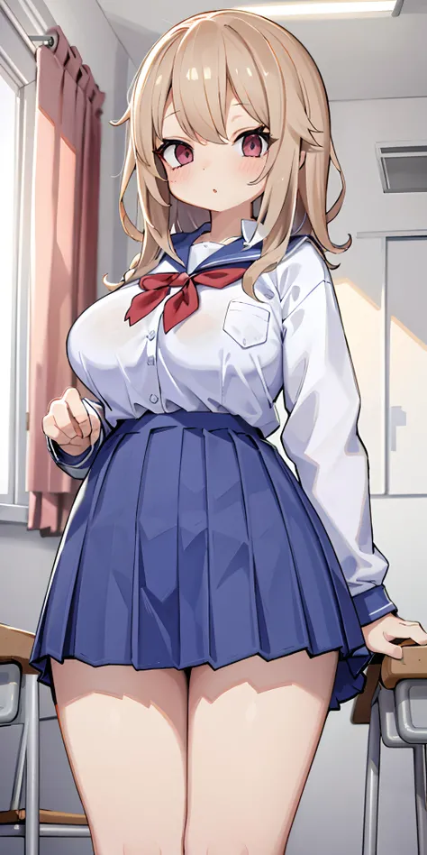 1 girl, big breasts, diaphragm, inside, bedroom, standing, cowboy shot, ((school_uniform))