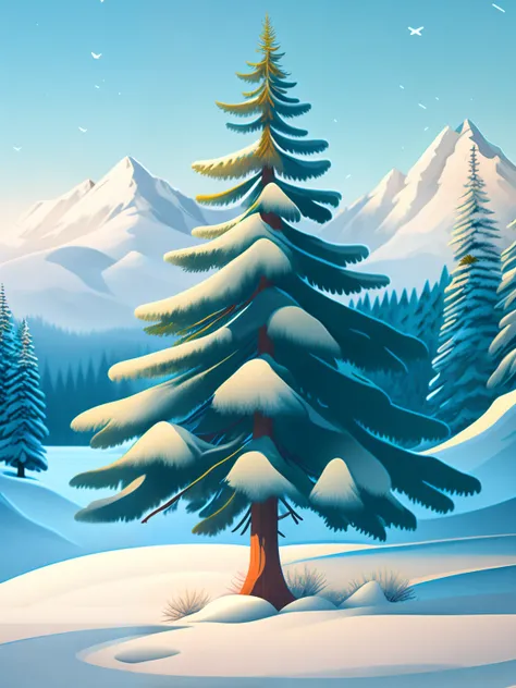 A spruce tree in the winter landscape，centered composition，rzminjourney，vectorial art