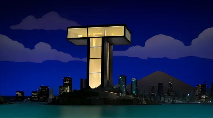 Teen Titans Tower, Metal and Glass Tower in the shape of a T. blue sky with detailed clouds. Ocean, there is a T shape Tower on a hill overlooking a city, Masterpiece, best quality, (very detailed CG unified 8k wallpaper) (best quality), (best illustration...