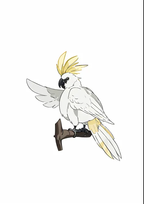 there is a white bird with yellow feathers sitting on a branch, cockatoo holding a trumpet, cocky, cocky expression, anthropomorphic bird, pet bird, parrot, is looking at a bird, style of titmouse animation, royal bird, with a yellow beak, on clear backgro...