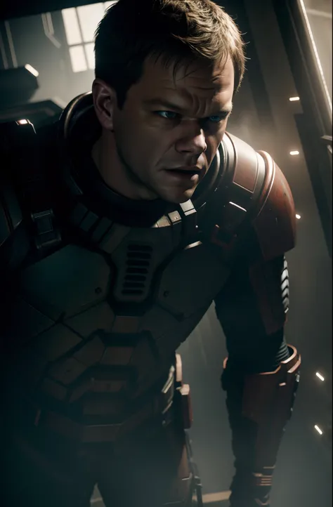 Sci Fi Horror Dead Space Matt Damon on Ishimura Haunted Ship photography, natural light, photorealism, cinematic rendering, ray tracing, the highest quality, the highest detail, Cinematic, Third-Person View, Blur Effect, Long Exposure, 8K, Ultra-HD, Natura...