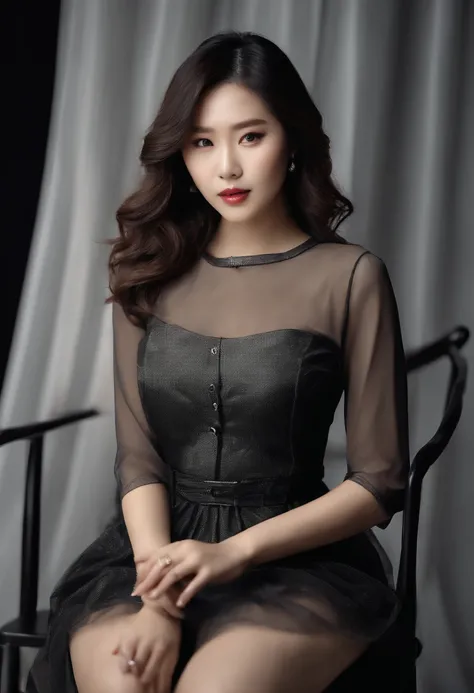 Sitting on chair in black dress, Korean female fashion model, transparent gray skirt, mesh shirt, chrome clothes, shiny silver, lucky I look, big breasts, best quality, masterpiece, super high resolution, realistic,