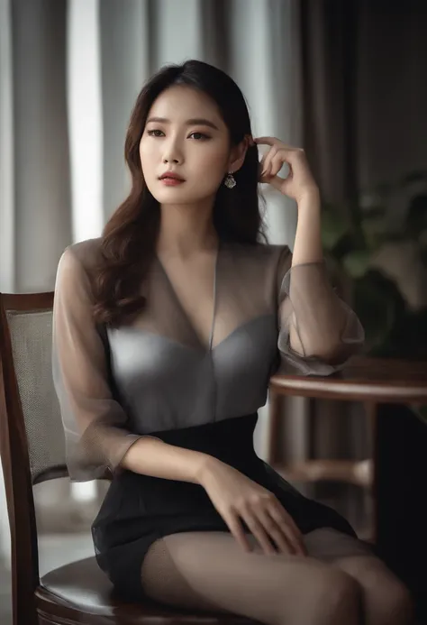 Sitting on chair in black dress, Korean female fashion model, transparent gray skirt, mesh shirt, chrome clothes, shiny silver, lucky I look, big breasts, best quality, masterpiece, super high resolution, realistic,