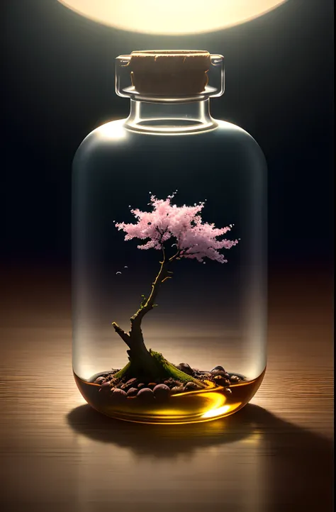 Cherry tree in a bottle，Grows out of the bottle，nipple sticking out，A fluffy，Realistic，Refraction of atmospheric light，Photo by Lee Jeffreys，Nikon D850 Film Stock Photo 4 Kodak Portra 400 Camera F1.6 shots，saturated colors，hyper-realistic realistic texture...