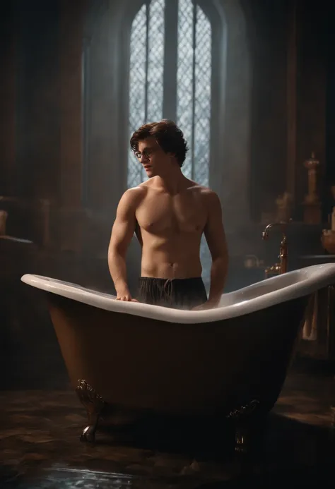 Harry Potter taking a bath. The image implies that he is naked. He is naked in the bath and is looking down at his willy. He is gasping and moaning with pleasure. It is implied that he is pleasuring himself. Realistic 4k realism details