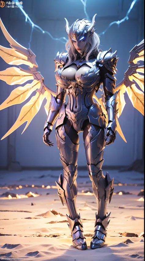 (DRAGON QUEEN HELM), HUGE FAKE BOOBS, BLUE LIGHTNING DRAGON, MECHA ARMOR FULL SUIT, (CLEAVAGE), (((A PAIR LARGEST WINGS))), TRANSPARANT, FULL BODY, LONG LEGS, STANDING, SEXY BODY, MUSCLE ABS.