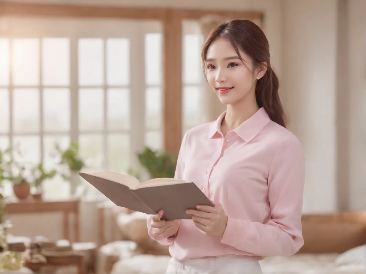 kitchin、Domestic service workers、A woman doing housework、Pink polo shirt、long trousers、Hold the book in your left hand、Hold clothes with your right hand、Background windows let light in、Sunnyday、Background bedroom water practice、fluency、small tit、Cute smile...