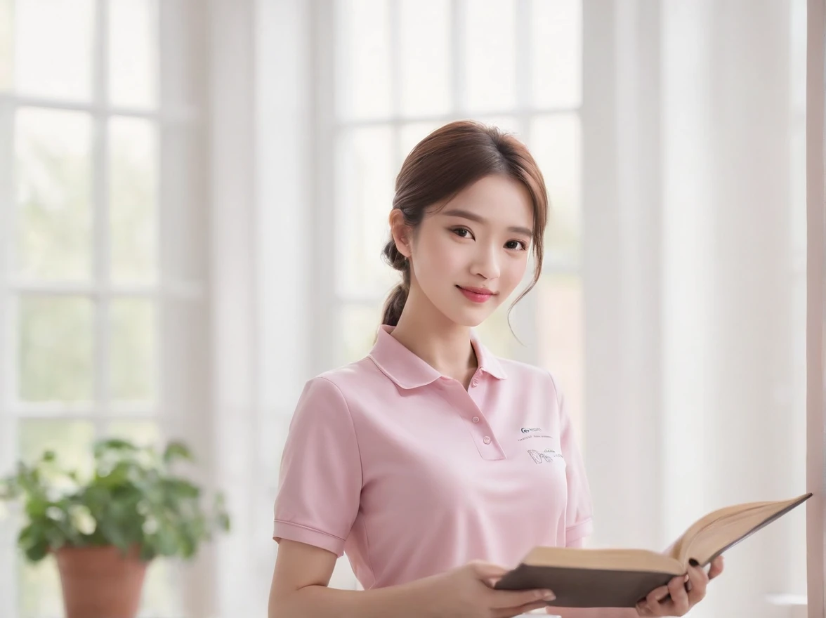 kitchin、Domestic service workers、A woman doing housework、Pink polo shirt、long trousers、Hold the book in your left hand、Hold clothes with your right hand、Background windows let light in、Sunnyday、Background bedroom water practice、fluency、small tit、Cute smile...