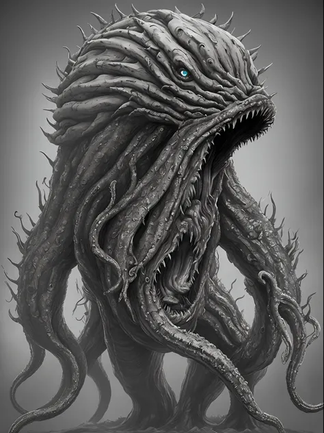 there is a giant monster with a huge mouth and a lot of tentacles, hyper realistic fantasy monster, elden ring monster, scary creature, a humanoid thistle monster, lovecraftian creature, eerie highly detailed, elder thing, minion as lovecrafts monster, mad...