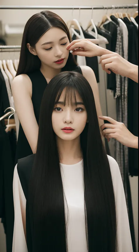 ８ｋ、A slender、An ultra-high picture quality、I have smooth straight hair、Mr. Makeup is putting makeup on me、Another staff member is fixing my hair。The stylist is dressed for me.。Scene of dressing room of busy fashion show