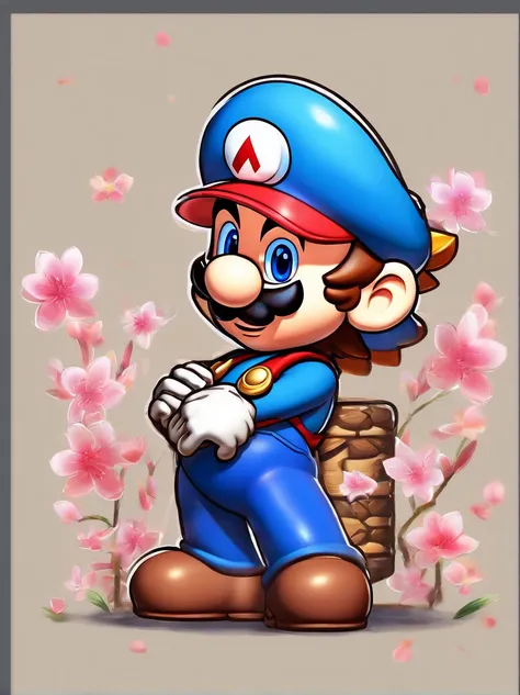 (Mario), character design, Nintendo Super Mario, (blue eyes, wearing highly detailedsamuraibattlearmor)super cute blind box style, chibi, full body, exaggerated expressions and actions, clean background, cherry blossoms blowing in the wind, bright iridesce...