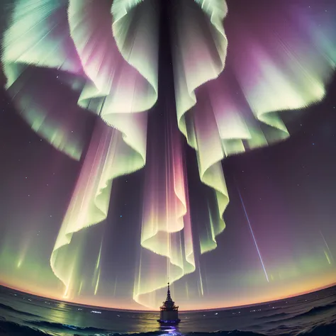 finest image, detailed and delicate depiction, Auroras from the ground, Auroras from the sea, Auroras from the sky, Auroras from the sky, iridescent, rainbow-colored, different space, fantasy