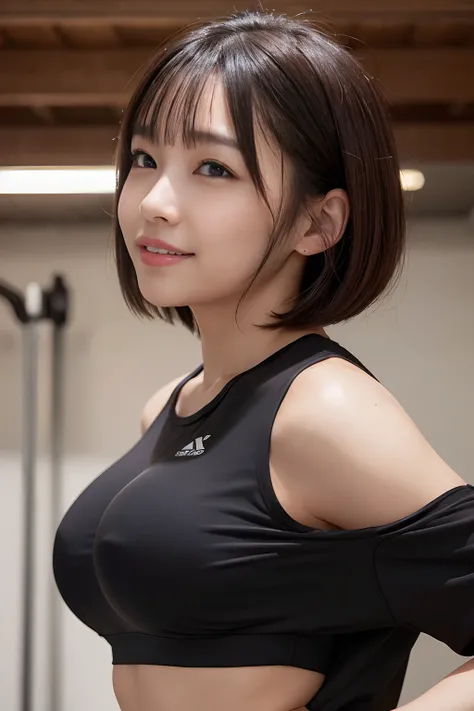 8K、Realistic、A detailed face、Detailed mouth、A detailed eye、wetted skin、is standing、A smile、photographed from the back、((large full breasts))、Black sportswear、training gym、(Mole on the face)、brown haired、bob cuts、((Shot from the side of the whole body))