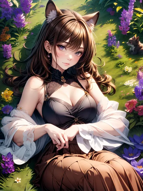 Best Quality, masutepiece, beautiful mature women、Beautiful face、Strong-minded woman、brown long skirt、brown haired、(Brown-eyed)、Longhaire、Undersized eyes、(((Lupine flowers)))、(((In the flower garden of lupine)))、Not cat ears