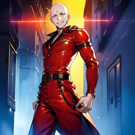 (photorealistic:1.4), (masterpiece, sidelighting, finely detailed beautiful eyes: 1.2), masterpiece*portrait, realistic, slim, bald, saitama, yellow jump suit with red belt and tight fit, and long pants with military boots, red full handed gloves, whit cap...