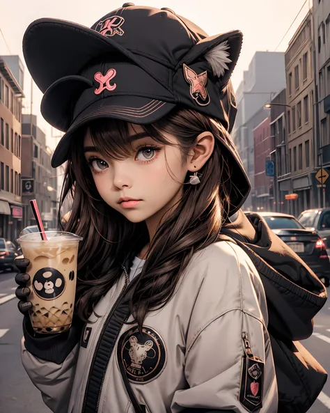 memphis,1girl, big eyes,solo, jacket, animal ears, gloves, tail, upper body,  hat, holding, brown hair, open jacket, drinking st...