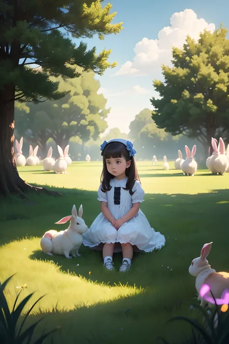 Little girl on the lawn and a group of rabbits