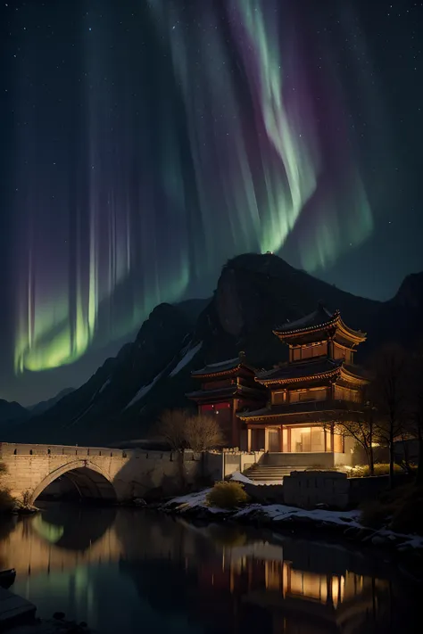 (8k, best quality, top level: 1.1), traditional architecture, high mountains and aurora borealis, is build above the stars, ((th...