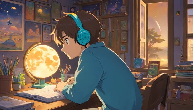 (masterpiece) a boy studying sitting in his room, over his desk, with headphones on, nerd decoration, pokémon plushies on the wall, posters, window showing the moon and stars, calm, peacefull, thinking