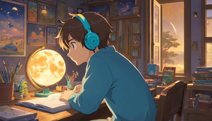 (masterpiece) a boy studying sitting in his room, over his desk, with headphones on, nerd decoration, pokémon plushies on the wall, posters, window showing the moon and stars, calm, peacefull, thinking