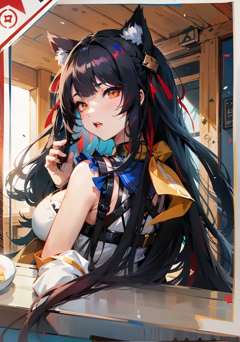 anime character with long black hair and cat ears and red ayes, inside an tavern, from arknights, from girls frontline, ayaka genshin impact, from the azur lane videogame, azur lane style, fine details. girls frontline, anime moe artstyle, anime girl with ...