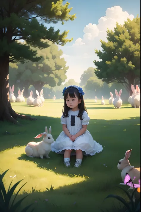 Little girl on the lawn and a group of rabbits，Cute and fluffy，Butterflies and fireflies、Film light and shadow