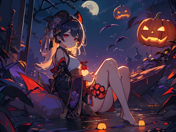 Masterpiece, Fine detail, 4k, 8k, 12k, Solo, 1 person, Beautiful girl, Caucasian woman, Jiangshi, China, Halloween, Jack-o-lantern, Bat, night sky