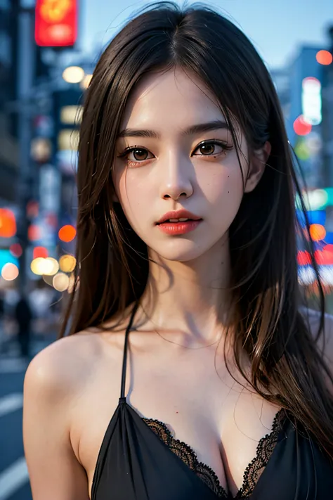 1girl, Tokyo street,night, cityscape,city lights, upper body,close-up, 8k, RAW photo, best quality, masterpiece,realistic, photo-realistic,