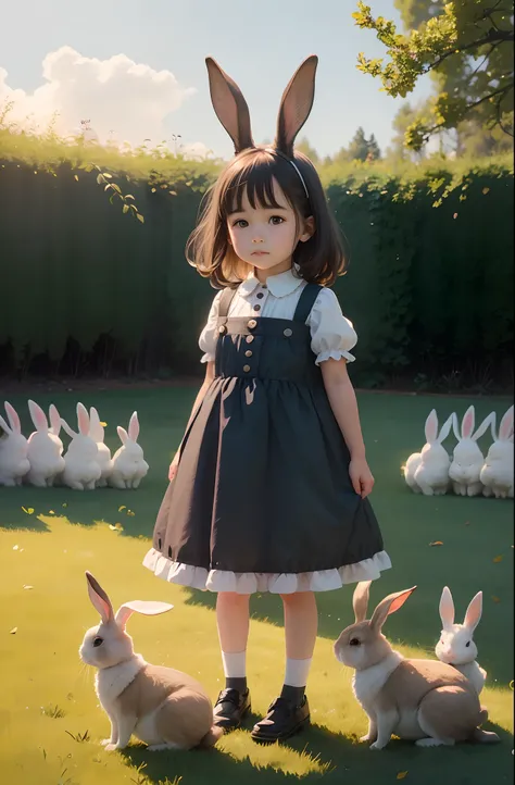 Little girl on the lawn and a group of rabbits，Lovely cute fluffy，Fine depiction of the face