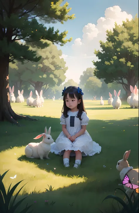 Little girl on the lawn and a group of rabbits，Cute and fluffy，Butterflies and fireflies、Film light and shadow，Delicate portrayal of the little girls face