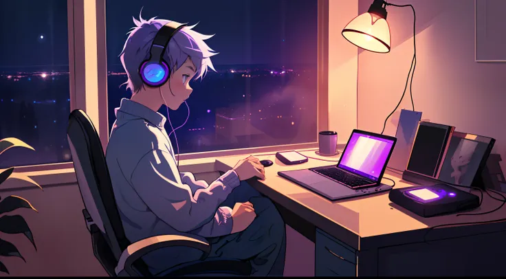 A little boy sitting at a desk listening to music wearing headphones，Looking out the window at night，Relaxing and comfortable atmosphere in a night bedroom setting，Purple mood lights