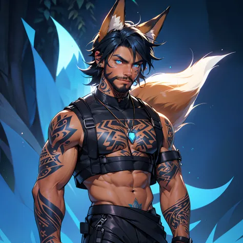 masculine young guy, short beard and ((dark tanned skin)), night rave scene, short cropped hair, ((has fox ears)), ((has fox tail)), wearing a streetwear outfit, ((he is solo)), ((he is alone)), has detailed glowing blue eyes, covered in ((tattoos)), muscu...