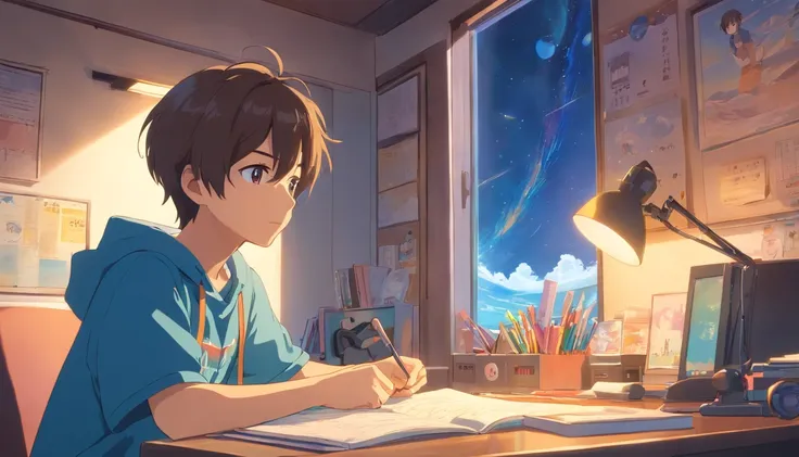 (masterpiece) a boy studying sitting in his room, over his desk, with headphones on, nerd decoration, pokémon plushies on the wall, posters, window showing the moon and stars, calm, peacefull, thinking, Unreal Engine 5, Cinematic, Color grading, Hyper-deta...