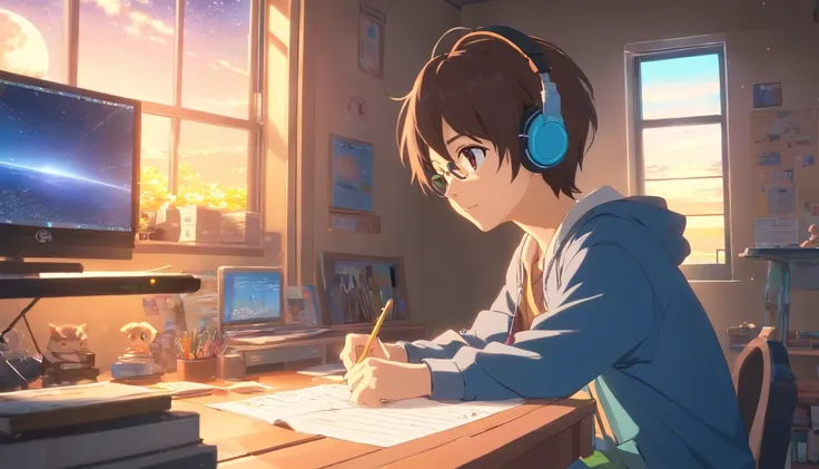 (masterpiece) a boy studying sitting in his room, over his desk, with headphones on, nerd decoration, pokémon plushies on the wall, posters, window showing the moon and stars, calm, peacefull, thinking, Unreal Engine 5, Cinematic, Color grading, Hyper-deta...