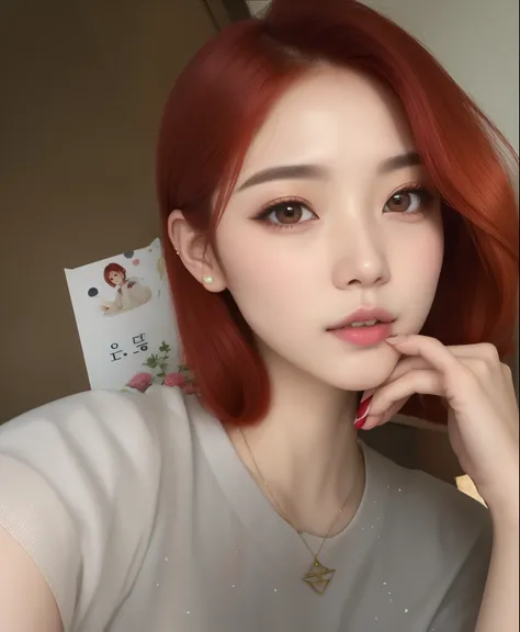 Theres a woman with red hair posing for a photo, maquiagem coreana popular, maquiagem sul-coreana popular, menina coreana, linda mulher coreana jovem, com cabelos curtos, Mulher sul-coreana bonita, Ulzzang, young adorable korean face, mulher coreana jovem ...