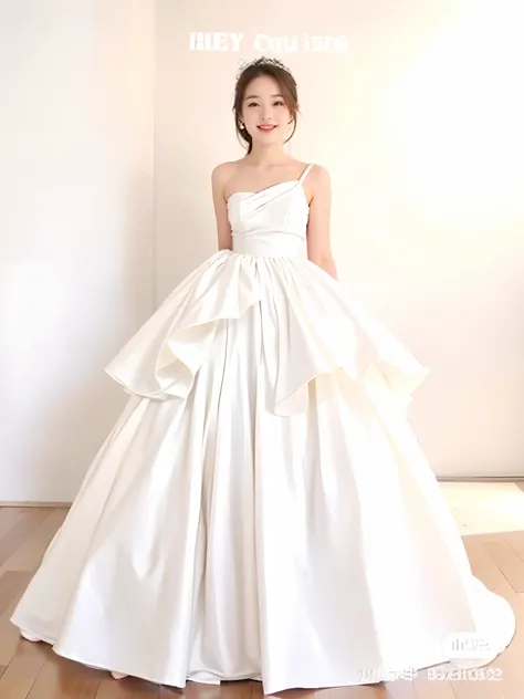 1girll,Solo,dress,Long hair,Realistic,White dress,Brown eyes,Bare shoulders,head gear,view the viewer,Brown hair,Black hair,Wedding dress,No shoulder strap,Smile,Strapless dress,Lips