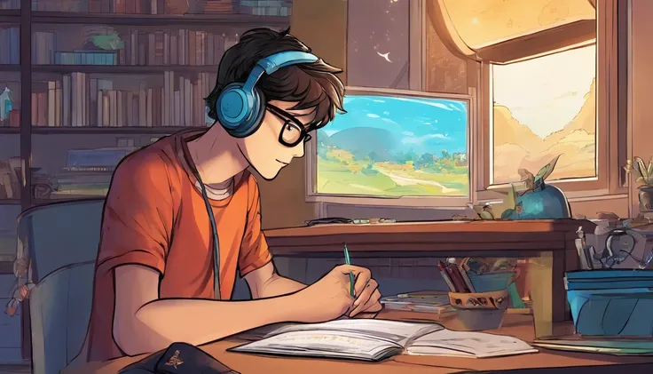 (masterpiece) a boy (male) studying sitting in his room, over his desk, with headphones on, nerd decoration, video game on the wall, posters, window showing the moon and stars, calm, peacefull, thinking, Cinematic, Color grading, beautifully color-coded,