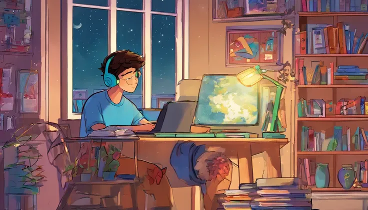 (masterpiece) a boy (male) studying sitting in his room, over his desk, with headphones on, nerd decoration, video game on the wall, posters, window showing the moon and stars, calm, peacefull, thinking, Cinematic, Color grading, beautifully color-coded,