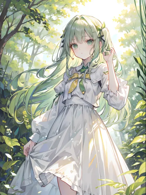 tmasterpiece，HighestQuali，1girll，Light green hair，Green eyes，a white long skirt，ln the forest，Foliage，rays of sunshine