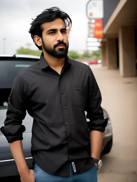 arafed man standing in front of a car in a parking lot, candid picture, taken with sony alpha 9, with a beard and a black shirt, wearing in shirt, wearing a dark shirt and jeans, kyza saleem, very artistic pose, with a cool pose, stylish pose, taken with s...