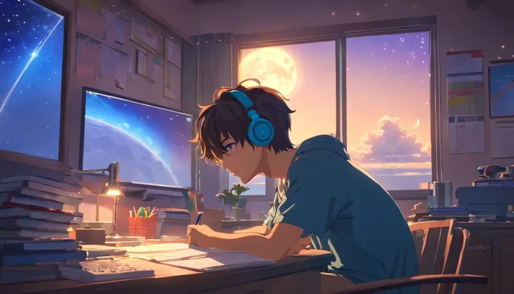 (masterpiece) a boy (male) studying sitting in his room, over his desk, with headphones on, nerd decoration, video game on the wall, posters, window showing the moon and stars, calm, peacefull, thinking, Cinematic, Color grading, beautifully color-coded,