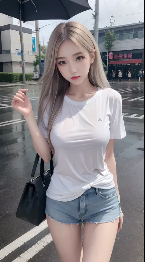 It was raining heavily, Best quality, 4K, 8K, Detailed faces, Beauty girl, Korean makeup,  Kaihuai, Perfect body, Medium breasts, upper legs, Platinum hair, Girl in long t-shirt, T-shirts only, and thigh T-shirts, thin tshirt, T-shirt underwear, streetview...