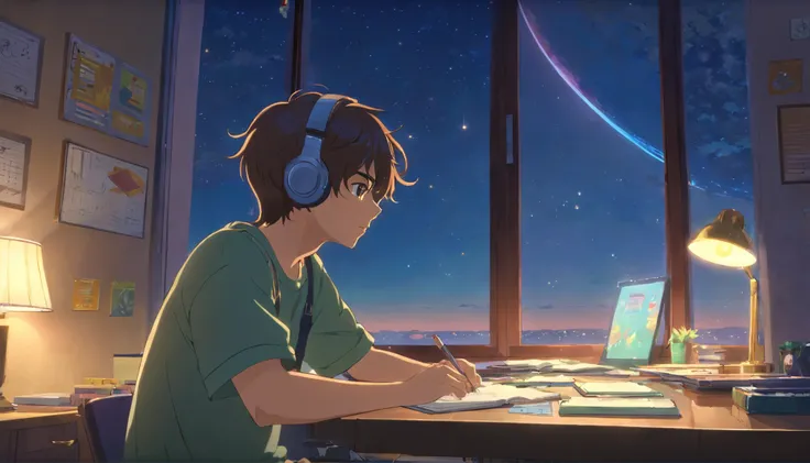 (masterpiece) a boy (male) studying sitting in his room, over his desk, with headphones on, nerd decoration, video game on the wall, posters, window showing the moon and stars, calm, peacefull, thinking, Cinematic, Color grading, beautifully color-coded,